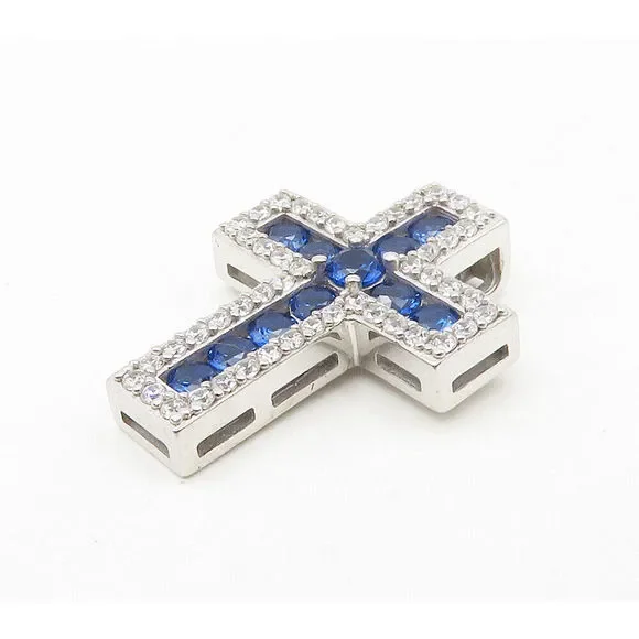 925 Sterling Silver - Shiny Blue & White Topaz Religious Cross Pendant - PT13102 - Picture 2 of 5